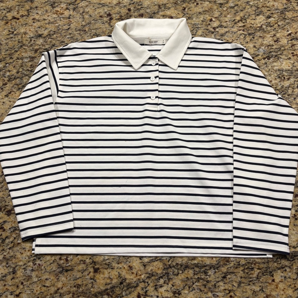 Mod Ref Womens Navy White Striped Long Sleeve Polo Shirt Size S Relaxed Fit ws